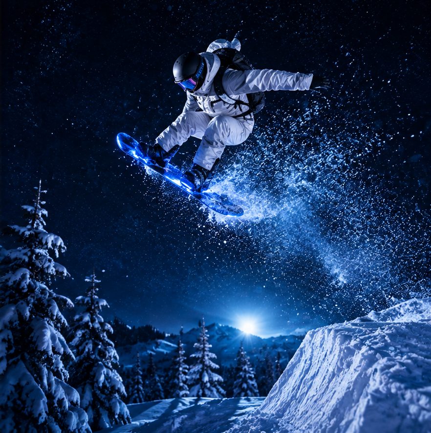Skok na snowboardzie nocą ze świecącą deską