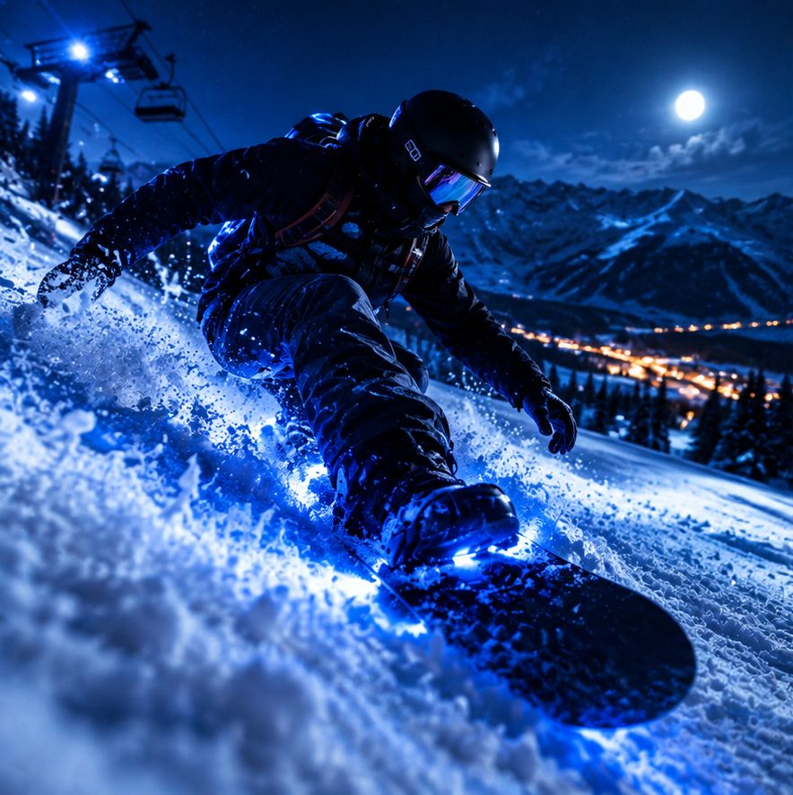 Snowboardzista na nocnym stoku z podświetloną deską