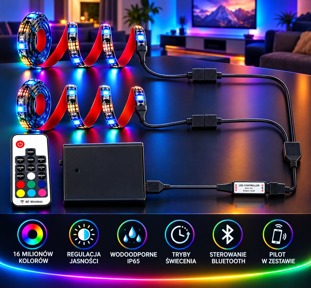 Zestaw dwóch taśm LED RGB z pilotem, sterownikiem i pojemnikiem na baterie